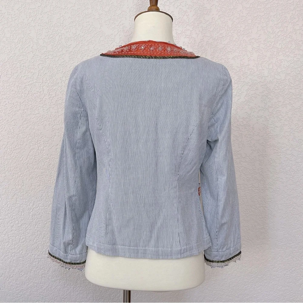 NWOT-Free People My Fair Lady embellished   trim blue pinstripe cropped jacket - Picture 3 of 9